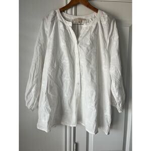Good Days Only Sz 3XL White Embroidered Long Sleeve 100% Cotton Blouse Plus Size